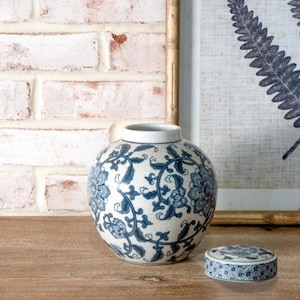 Blue Floral Ginger Jar w/ Lid, decorative pottery, office shelf decor, decorating urn, Classic Chinoiserie Style, grandmillennial