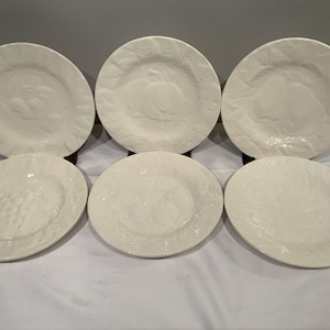 6 Vintage St. Clement Ivory Majolica Embossed Fruit Plates Made in France, country cottage tableware, white embossed salad plates