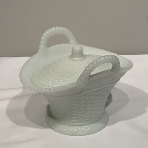 Rare Antique Westmoreland Milk Glass Lidded Basket Opalescent Milk Glass,