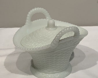 Rare Antique Westmoreland Milk Glass Lidded Basket Opalescent Milk Glass,