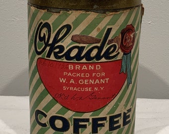 Okayed Brand Coffee Tin Paper Label W.A. Genant Syracuse New York advertisement tin, collectible tins, coffee can