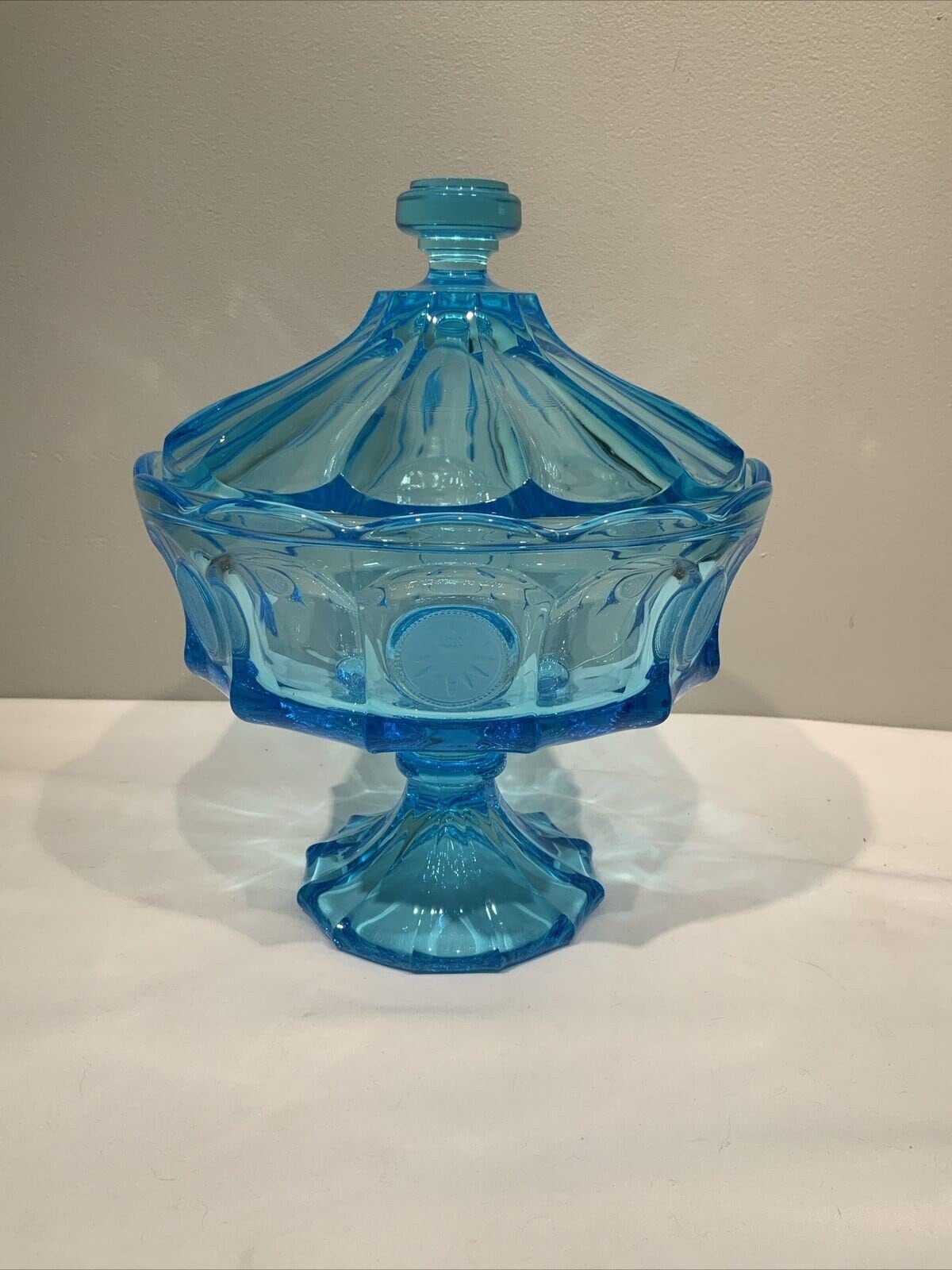 RARE Large Ice Blue Fostoria Coin Pedestal Compote w/Lid, MCM dinning room decor, wedding gift, housewarming gifts, dining candy dish