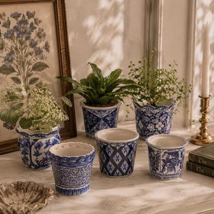 Op de afbeelding: Een verzameling van zes keramische bloempotten met diverse blauw-witte patronen, waaronder bloem-, geometrische en ruitmotieven. De potten hebben geschulpte of gevlochten randen en staan opgesteld op een oppervlak naast een kleine kom.