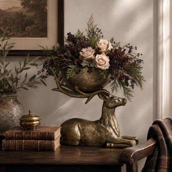 Gold Deer Bowl Centerpiece, Large Stag Antler Bowl, Cast Aluminum Deer Decor, English Country Lodge Decor, Ralph Lauren Inspired Home