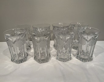 Fostoria Coin Cocktail Bar Glasses Heavy Iced Tea Tumblers set of 8, clear glass barware, MCM dinning room decor, pitcher with glass