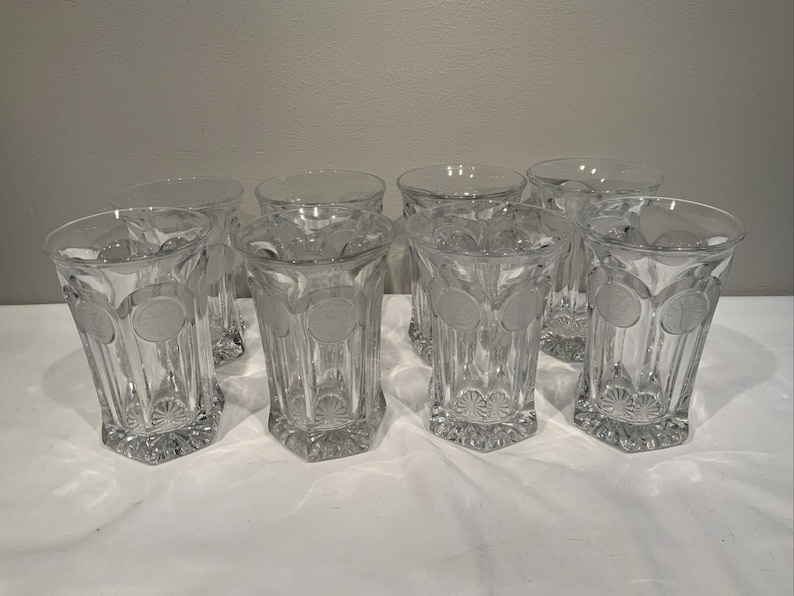 Fostoria Coin Cocktail Bar Glasses Heavy Iced Tea Tumblers set of 8, clear glass barware, MCM dinning room decor, pitcher with glass image 1