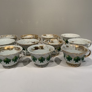 11 Antique Meissen Oak Leaf Design Green Gold Cups Hard To Find Form, Christmas teacup, gifts for mothers, gifts for her, image 1