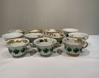 11 Antique Meissen Oak Leaf Design Green Gold Cups Hard To Find Form,  Christmas teacup, gifts for mothers, gifts for her,