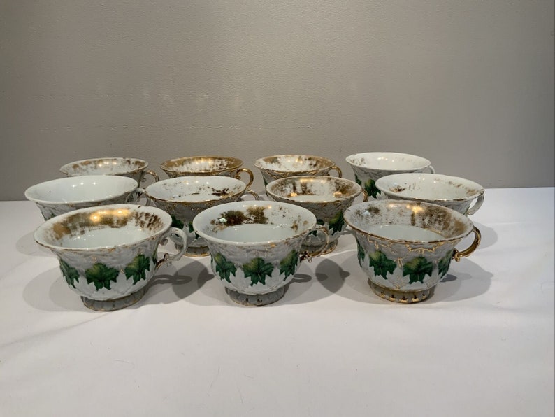 11 Antique Meissen Oak Leaf Design Green Gold Cups Hard To Find Form, Christmas teacup, gifts for mothers, gifts for her, image 1