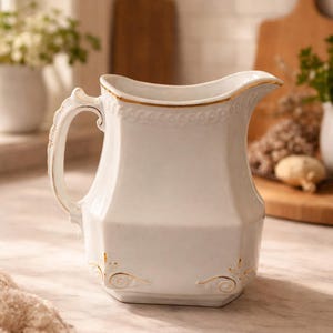 Pode incluir: Jarro de cerâmica branca com borda dourada e detalhes dourados decorativos. O jarro tem uma alça e um bico. O design é vintage e elegante, adequado para servir bebidas ou como peça decorativa. O jarro está sobre uma superfície de mármore.