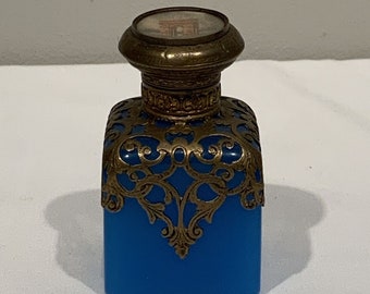 French Grand Tour Palais Royal Perfume Bottle Blue Opaline Ormolu Mount, small decorative glass bottle, elegant small oil bottle, victorian