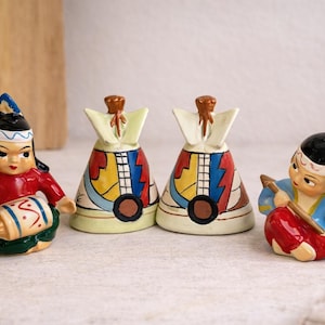 Vintage TeePee Native American Indian Salt & Pepper Shaker Sets made in Japan, indigenous home decor, tribal tableware, native table setting