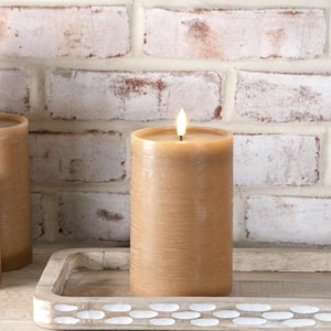 LED 6&quot; High Caramel Wide Wax Pillar Candle with timer, battery operated candle, pet friendly candles, Realistic wet pool, Flameless candles