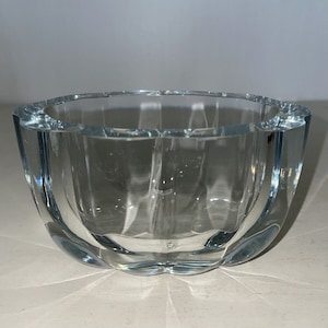 Vintage Strombergshyttan Ice Blue Vase Bowl Signed, MCM Scandinavian Art Glass, glass trinket bowl,