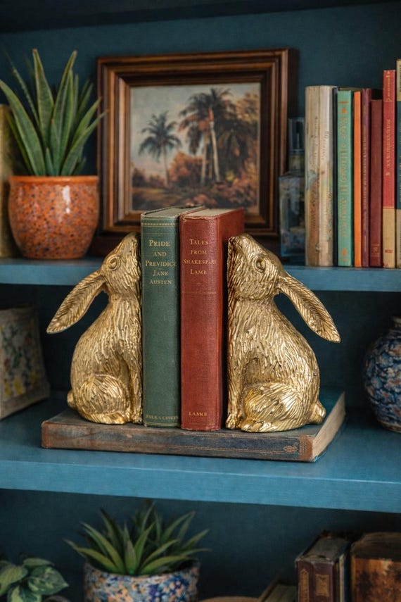 Gold Bunny Bookends, whimsical decor, rabbit lover gifts, fun home decor, study decor, mantle shelf accents, animal decor