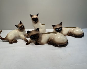 4 MCM Siamese Cats planters Signed SNA California USA, cat lover gifts, mcm plater decor, cat planter decor, cat mom, birthday gifts for her