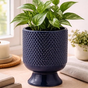 Cobalt Hobnail Pedestal Planter, neutral home decor, grandmillennial, old new decor, Parisian decor, bookshelf vase, navy shelf decor