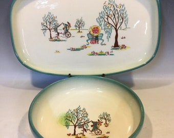 Vintage Brock of California serving platter and bowl "forever yours" teal, retro kitchen decor, 1950s kitchen decor