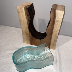 Hand Blown Art Glass Vase In Live Edge Slab, sculptural vase, modern home vase, gifts for wedding, gifts for her image 7