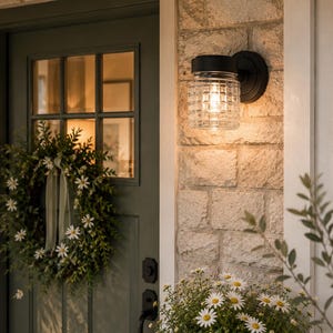 May include: A wall-mounted outdoor light fixture featuring a black circular base and a clear, textured glass shade with a grid pattern. The fixture is illuminated, casting a warm glow against a light-colored stone wall next to a dark green door.