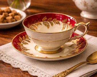Vintage burgundy and gold Aynsley Teacup And Saucer Set England, tea lover gifts,