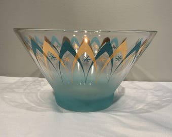 Mid Century Modern Gold and Blue Atomic Pattern Glass Punch Bowl, MCM chip bowls, MCM table decor, retro entertaining bowl, retro kitchen