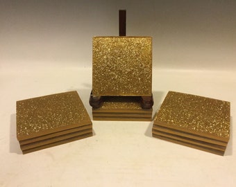 12 gold Cloverleaf Tableaux Drink Coasters, Gold Glitter Resin coasters, living room decor, sparkly home accents, glam Christmas