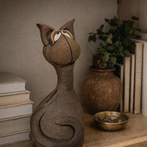 May include: A brown ceramic cat figurine with a whimsical design, featuring large ears and a long neck. The cat has a slot on its back, suggesting it's a piggy bank. It sits on a wooden shelf with books and other decorative items.