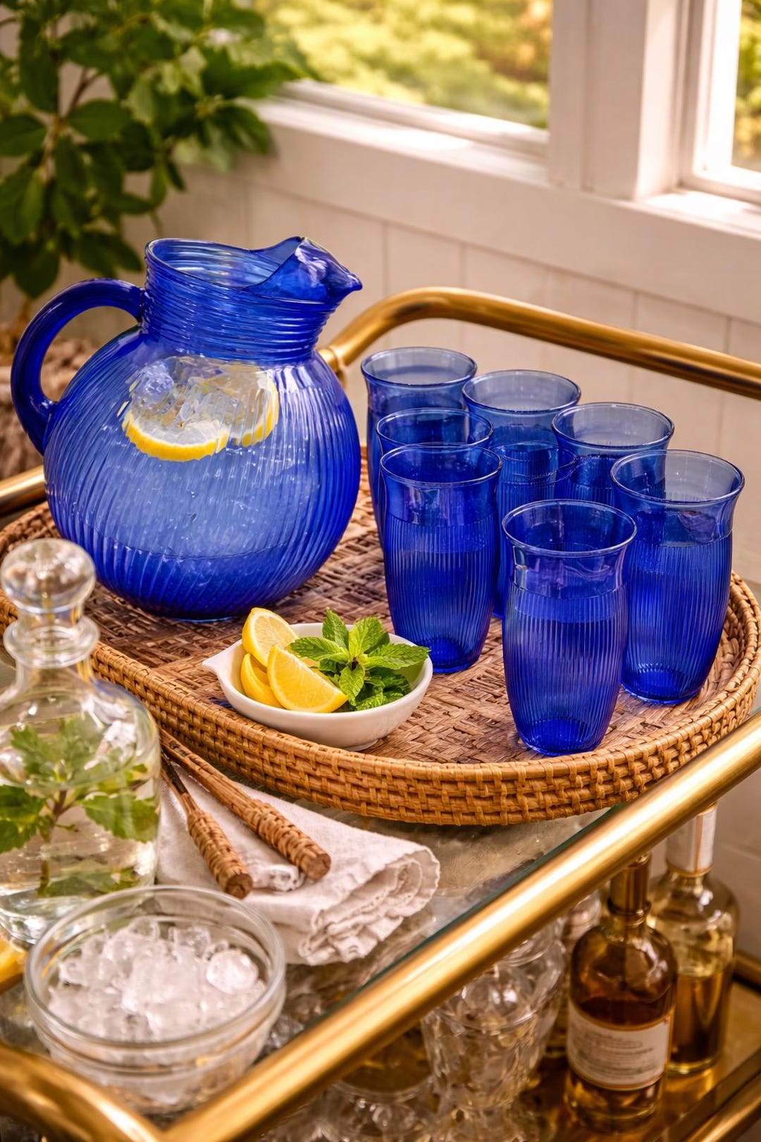 Hazel Atlas Blue Juice Pitcher and Glass Set, Mid Century Barware