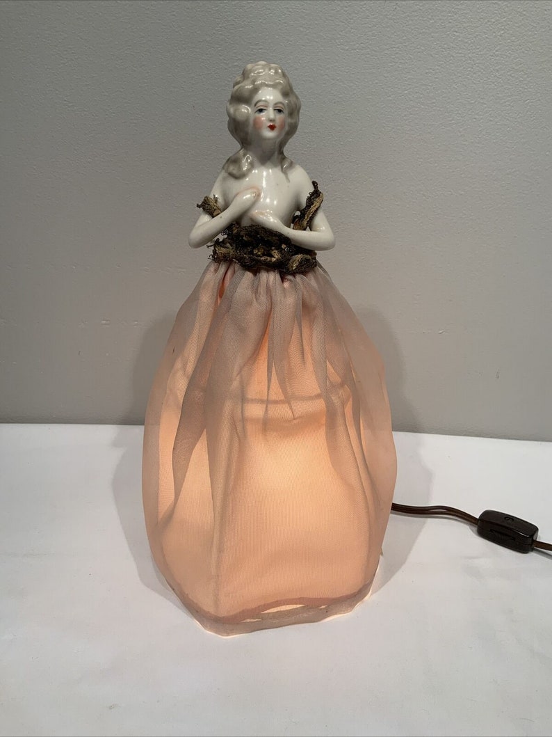 Antique Porcelain Boudior lady Doll Table Top Cage Lamp, lady figural lamp, Victorian lady lamp, retro table lamps, Victorian home decor image 1