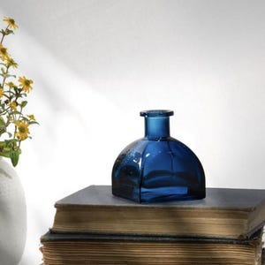 Blue Glass Ink Bottle, inkwell shape bud vase, desk bud vase, spring table decor, cobalt blue vase, apothecary vase