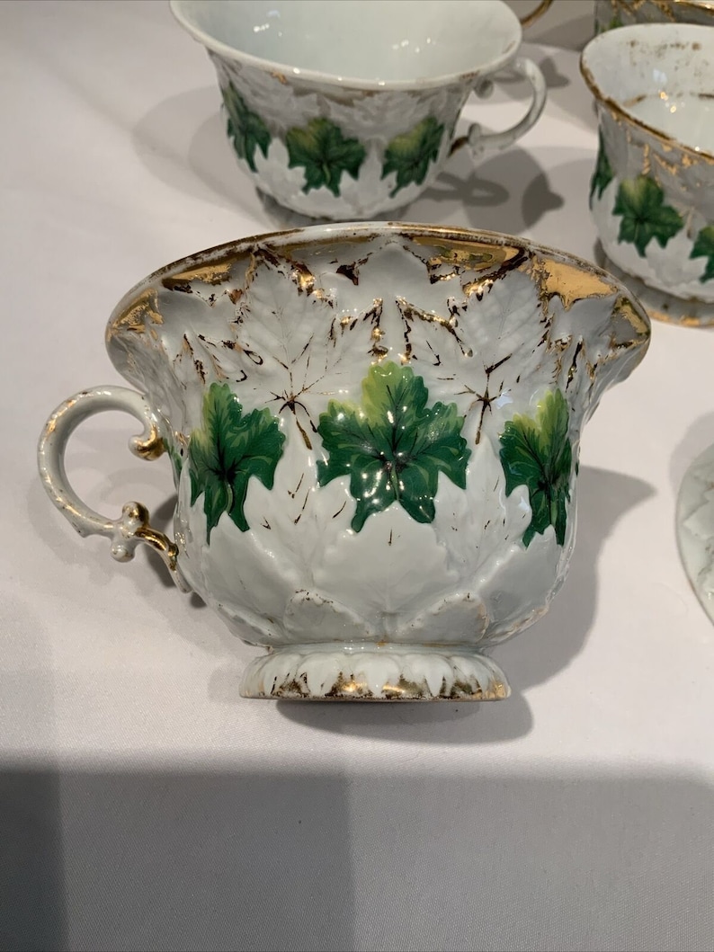 11 Antique Meissen Oak Leaf Design Green Gold Cups Hard To Find Form, Christmas teacup, gifts for mothers, gifts for her, image 5