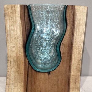 Hand Blown Art Glass Vase In Live Edge Slab, sculptural vase, modern home vase, gifts for wedding, gifts for her image 4