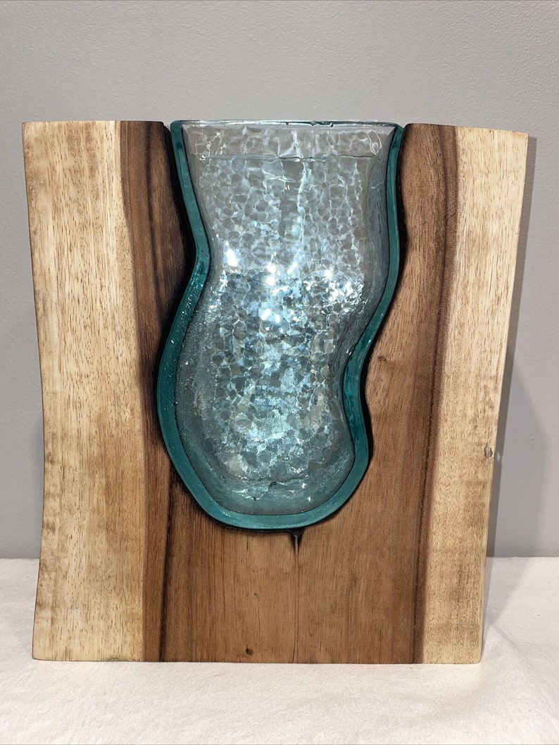 Hand Blown Art Glass Vase In Live Edge Slab, sculptural vase, modern home vase, gifts for wedding, gifts for her image 4