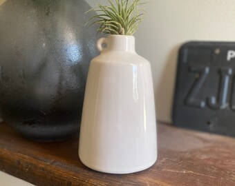 Small white handled sleek flower vase, modern pottery plant holder, natural vase shelf decor, minimalist art pottery vase,