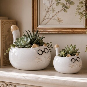 May include: Two white ceramic cat-shaped planters with glossy finishes, each featuring painted black round glasses, whiskers, and small ears with tan tips. The planters contain green succulent plants, with the larger cat having a raised tail.