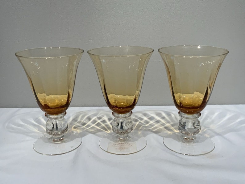 3 Amber Water Goblet/Cocktail Blown Glass with Acorn Ball Stem CHARTER CLUB, amber barware, grandmillennial, housewarming gifts, mcm barware image 1