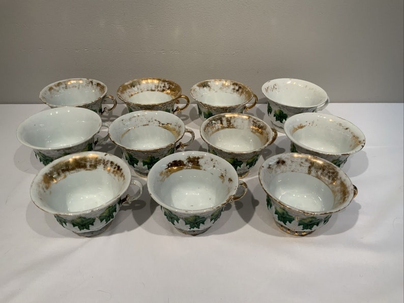 11 Antique Meissen Oak Leaf Design Green Gold Cups Hard To Find Form, Christmas teacup, gifts for mothers, gifts for her, image 2