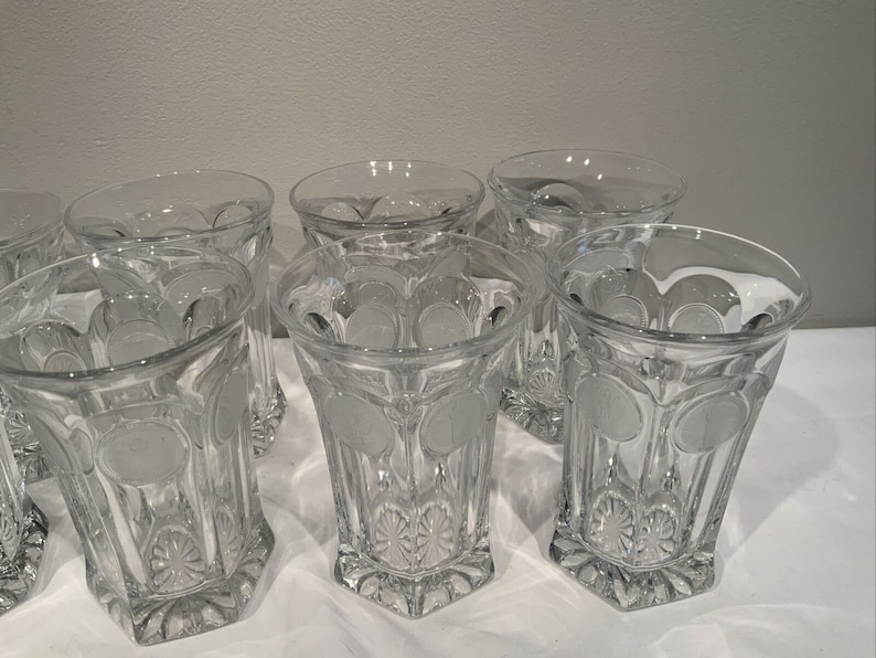 Fostoria Coin Cocktail Bar Glasses Heavy Iced Tea Tumblers set of 8, clear glass barware, MCM dinning room decor, pitcher with glass image 10