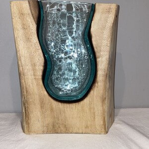 Hand Blown Art Glass Vase In Live Edge Slab, sculptural vase, modern home vase, gifts for wedding, gifts for her image 2