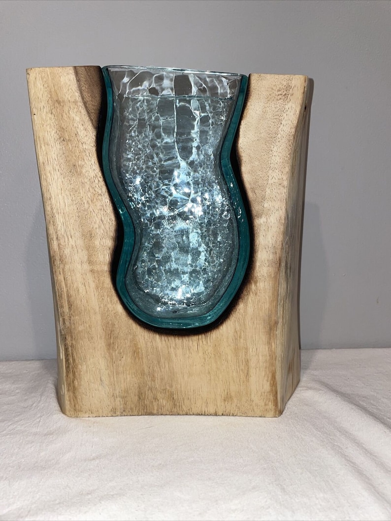 Hand Blown Art Glass Vase In Live Edge Slab, sculptural vase, modern home vase, gifts for wedding, gifts for her image 2