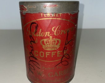 Golden Crown Coffee Tin Paper Label G.W. Garner New Bloomfield Pennsylvania, Vintage collectible tins, coffee can, vintage kitchen decor