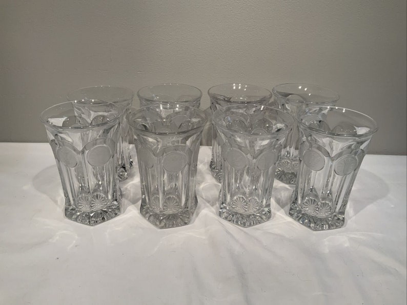 Fostoria Coin Cocktail Bar Glasses Heavy Iced Tea Tumblers set of 8, clear glass barware, MCM dinning room decor, pitcher with glass image 9