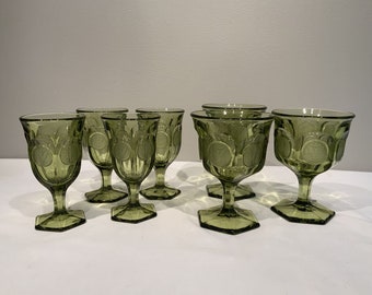 7 Green Fostoria Coin Wine Champagne Cocktail Glasses set of 7, MCM dinning room decor, green dinner glasses, housewarming gifts