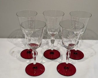 5 Aperitif Red Footed Cocktail Glasses with Etch Poinsettia, Vintage Christmas glasses, valentines day barware gift, red and crystal barware