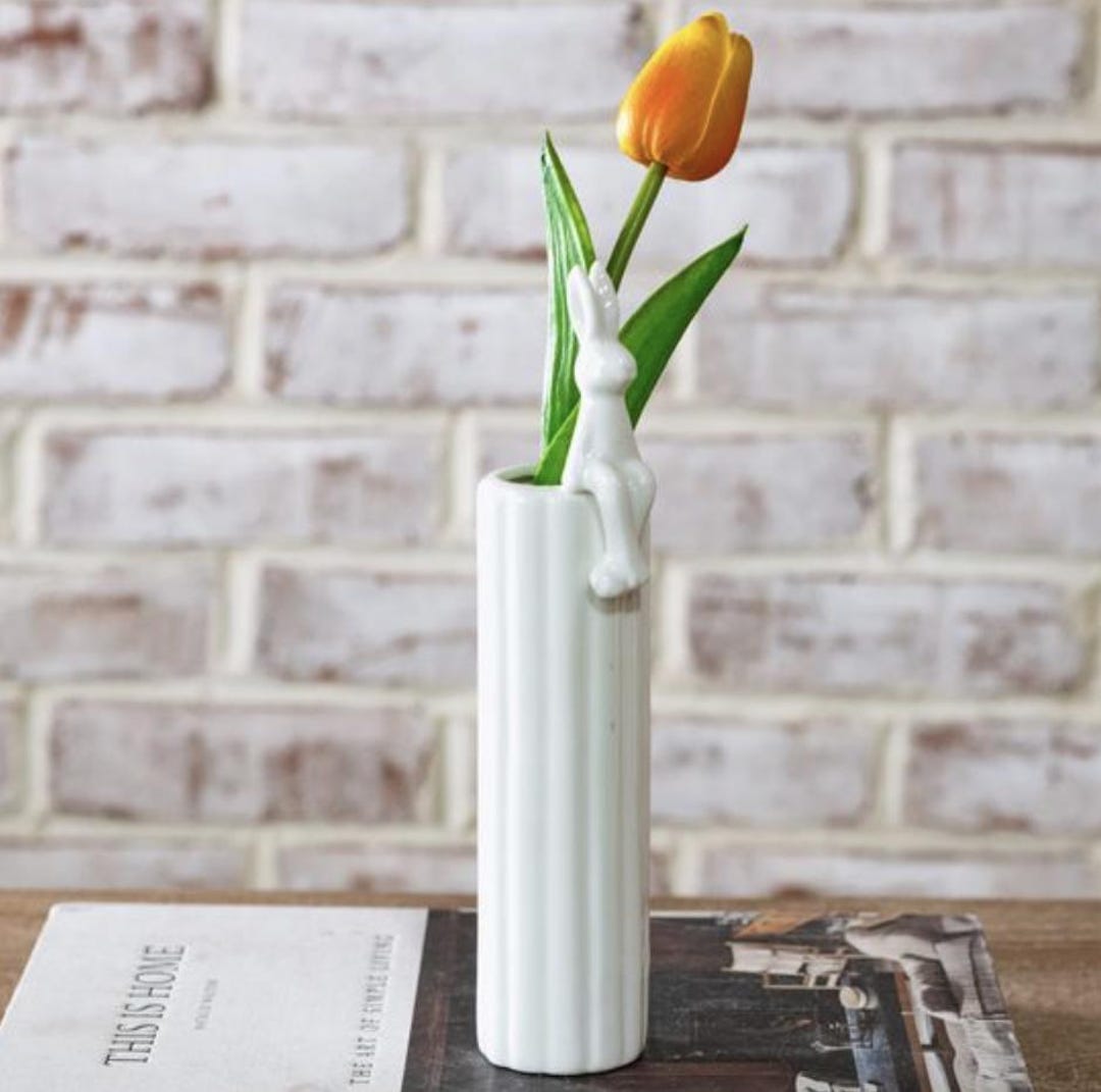 White Ceramic Bunny Vase Tall Neutral Rabbit Bud Vase Modern Cottage ...
