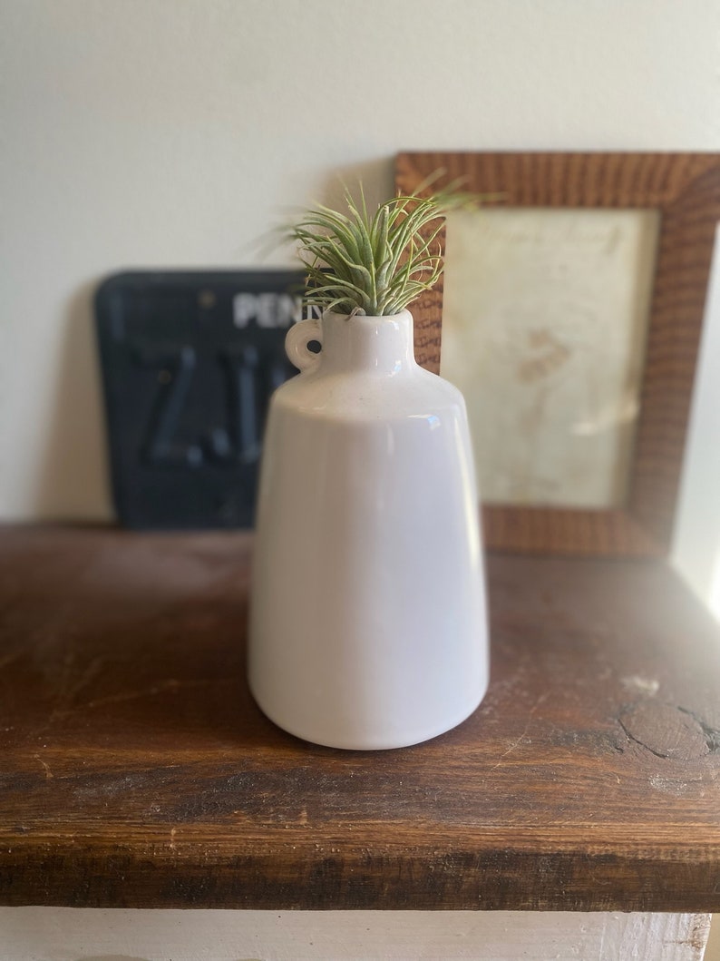 Small white handled sleek flower vase, modern pottery plant holder, natural vase shelf decor, minimalist art pottery vase, image 2