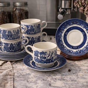 Pode incluir: Um conjunto de chávenas e pires de porcelana azul e branca. As chávenas e pires apresentam um design paisagístico detalhado. O conjunto inclui chávenas empilhadas, pires e um prato exposto numa superfície de mármore. Grãos de café espalhados.