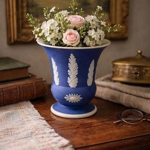 アンティーク ウェッジウッド 英国製 コバルトジャスパーウェア ブルー＆ホワイト ポージー花瓶、フレンチコテージコア装飾、ネオクラシカル装飾、ブルーシェルフ装飾