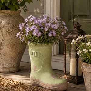 May include: A light green boot-shaped planter with a distressed finish and a decorative buckle detail on the side. The boot is filled with a cluster of small, light purple flowers, creating a unique container for displaying floral arrangements.